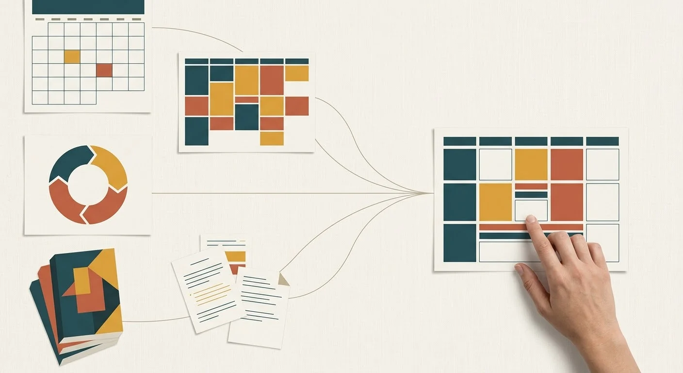 Organized workflow diagram with calendars, charts, and digital cards